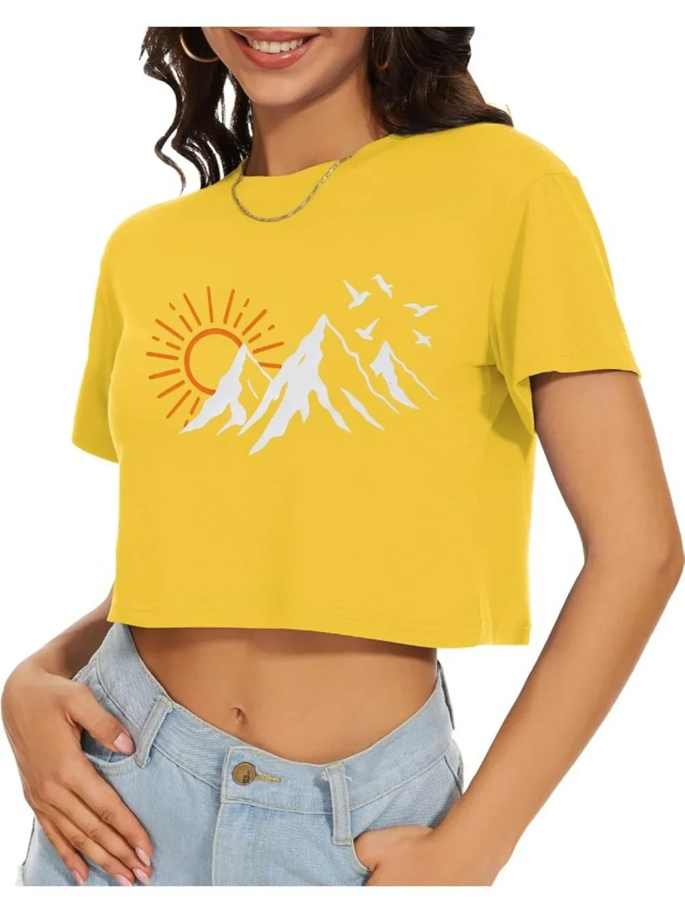 Women's Yellow Sun Mountains Short Sleeve Round Neck Loose Fit Summer Crop Tops - Picture 2 of 6